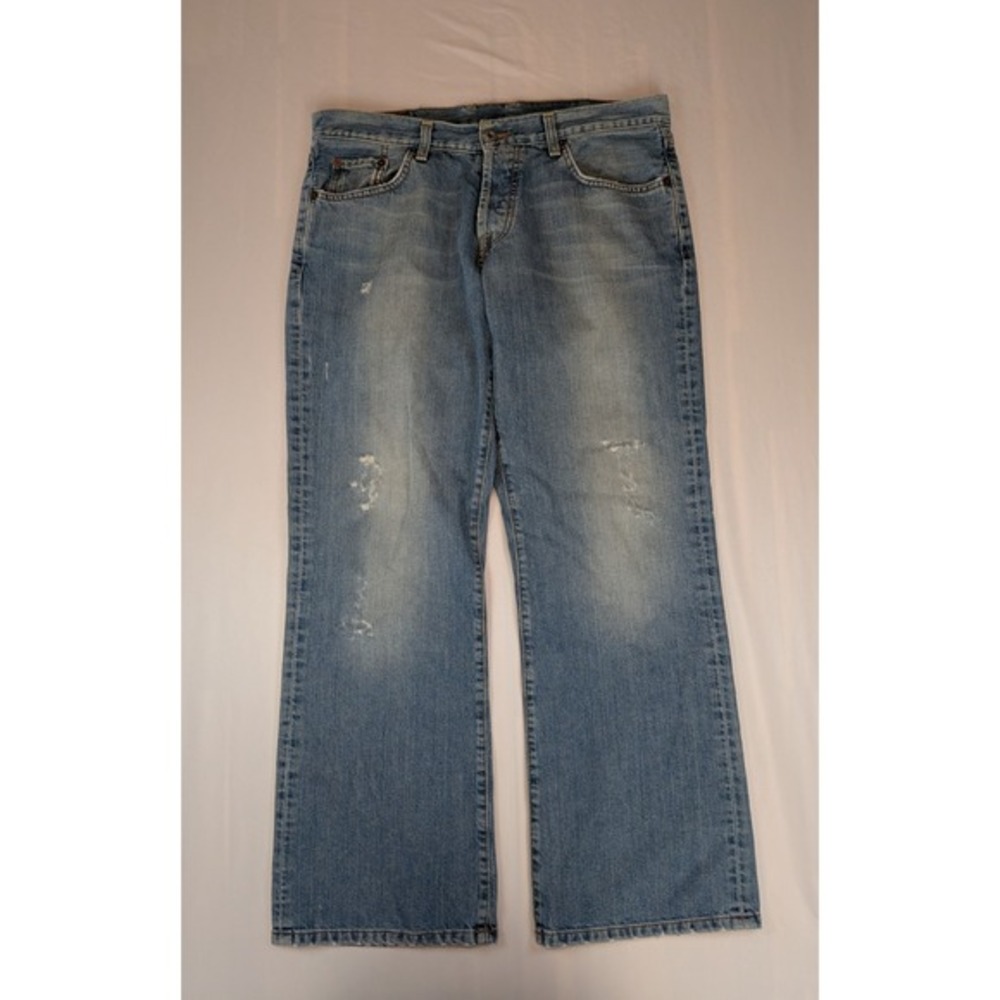 VTG‎ Lucky Brand Dungarees Slim Bootleg Jeans Mens 34 Light Wash Blue Distressed